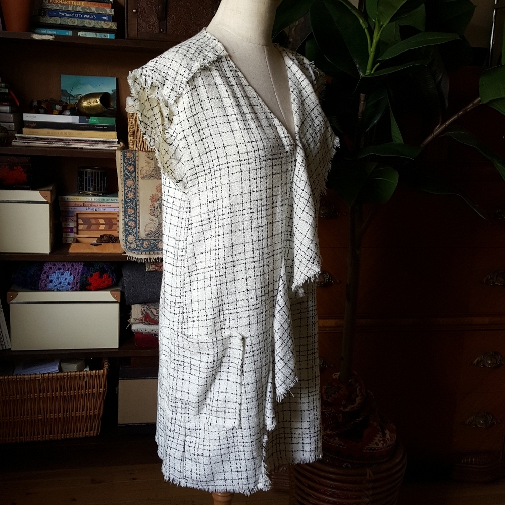 Zara Tweed Asymmetric Ruffle Dress V Neck Pockets - Picture 6 of 9
